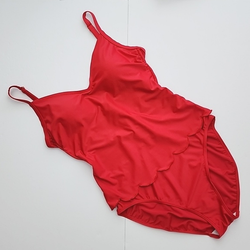 Christina One Piece  Red Swimsuit V Neck Scalloped Detail Padded Cups Size 12L